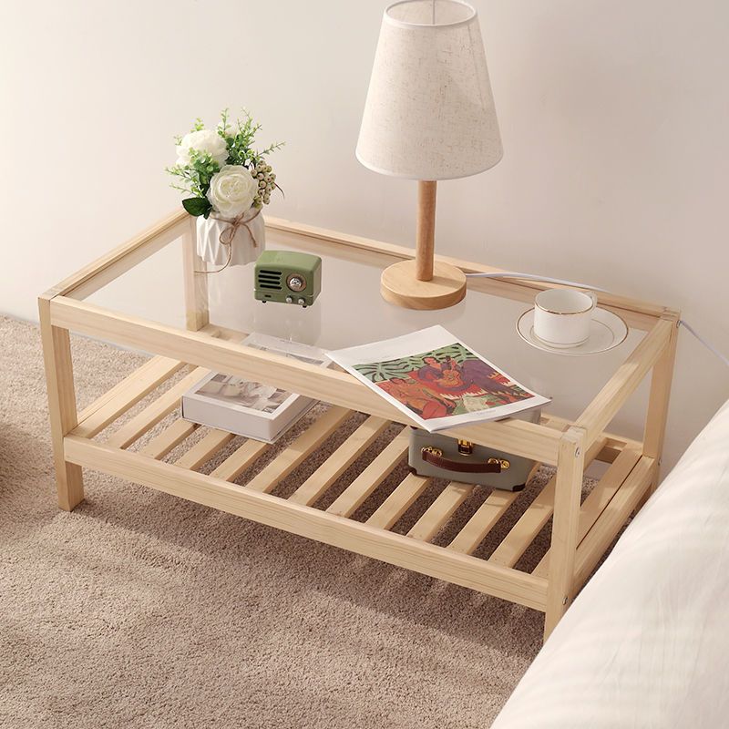Modern 4 Legs Wood Base Rectangular Acrylic Top Coffee Table with Shelf