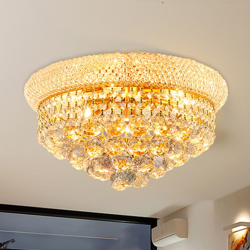 6-Bulb Cone Flush Mounted Lamp Vintage Gold Cut Crystal Ceiling Light Fixture for Bedroom