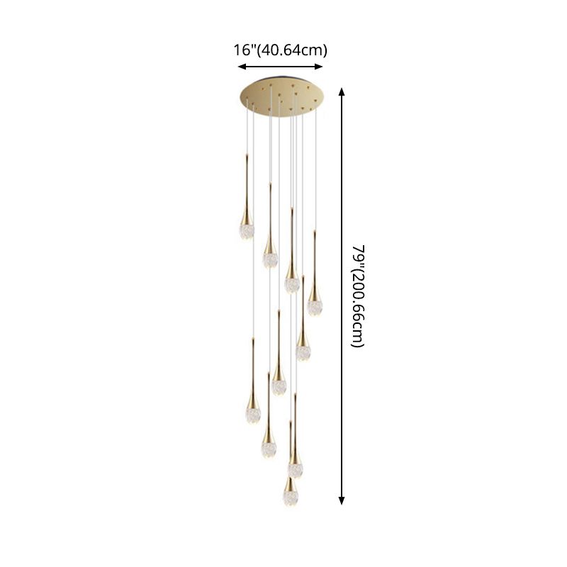 Modern Brass Crystal Hanging Light Long LED Cone Cascade Pendant Lights for Stairwell