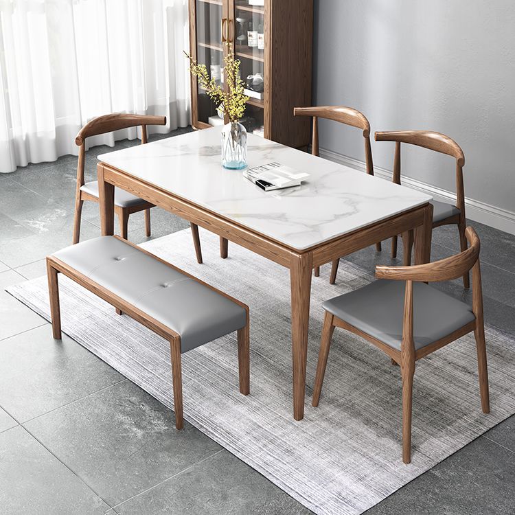 Mesa de comedor moderna rectangular de mediados de siglo Mesa de piedra sinterizada con 4 patas de madera maciza