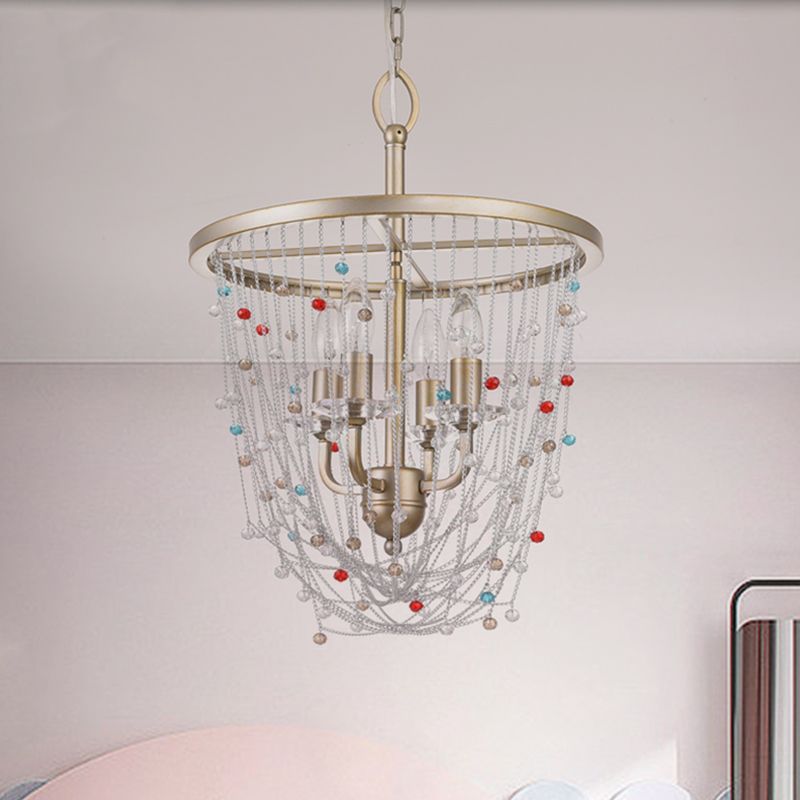 Kaarsen woonkamer kroonluchter moderne metaal 4 koppen goud hangende verlichting met kristal kraal streng decor, 15,5 "/23.5" w