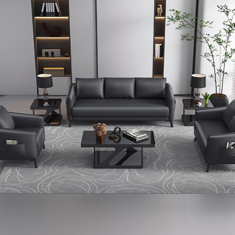 Mid-Century Modern 3-Seater Sofa Faux Leather Square Arm Sofa with Storage