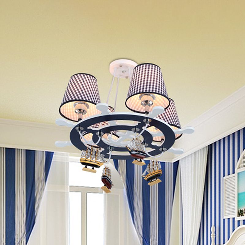 Rudder Chandelier Pendant Light Kids Wooden 4 Heads Blue Hanging Lamp with Boat Decoration