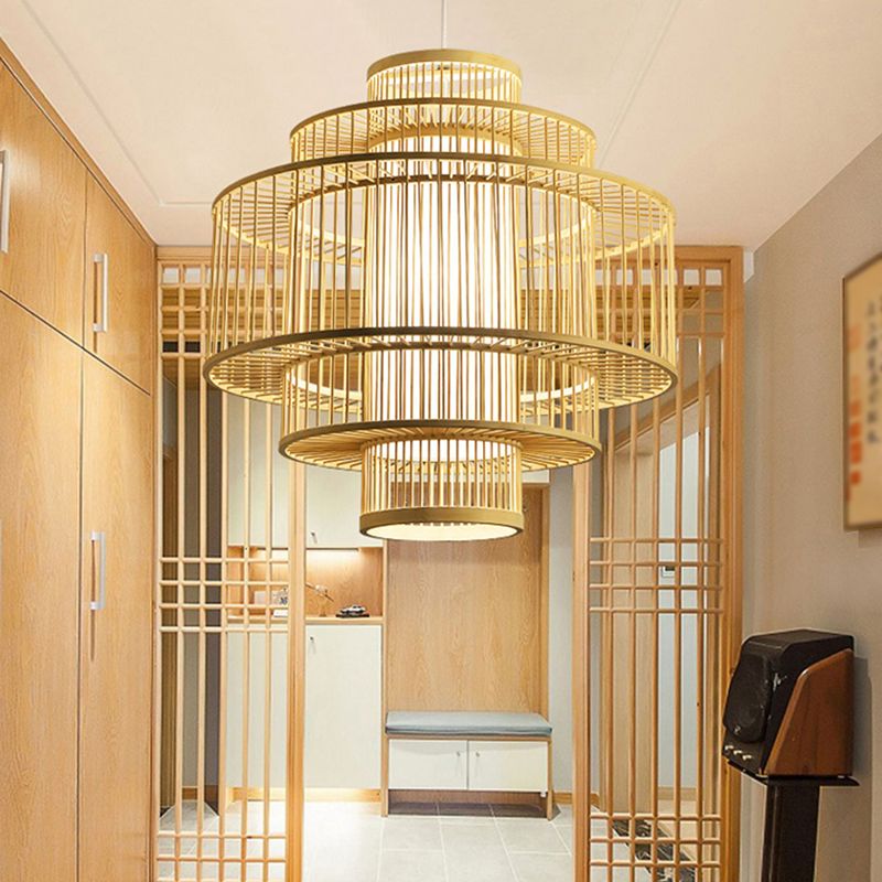 Cylindre chinois suspendu lampe à la lampe beige du plafond pendentif en rotin avec 1 lumière