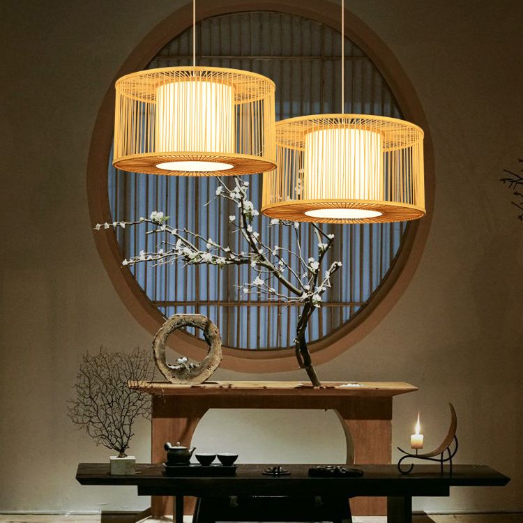 Hand-worked Drum Shaped Pendant Modern Wood 1-Light Restaurant Hanging Lighting