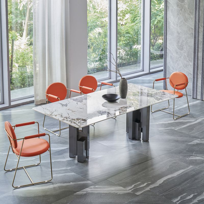 Modern Style Sintered Stone Dining Set with Grey Rectangle Shape Table and Double Pedestal Base