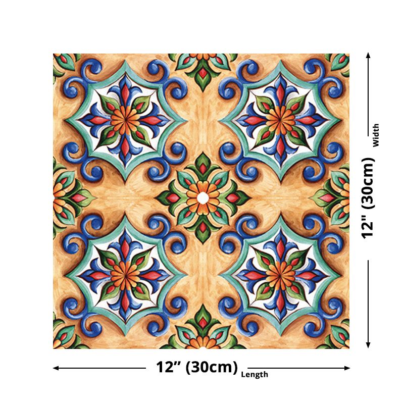 Floral Moroccan Tiles Wallpaper Panel Boho PVC Wall Art in Blue-Brown, Easy Peel off