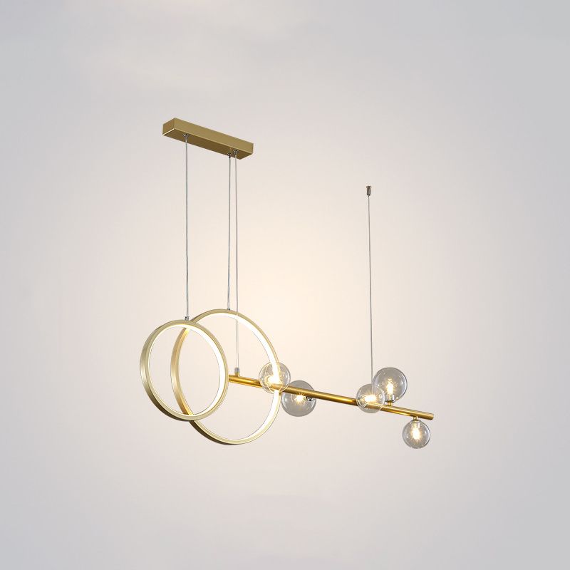 Moderno a ciondolo lineare e anello LED Light Metal Dining Room Isola sospesa con tonalità in vetro trasparente