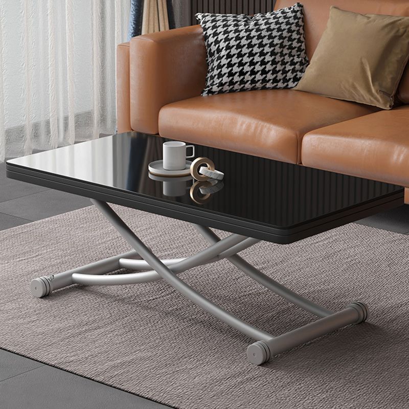 8.6"H Modern Metal Cross Base Glass Rectangular Adjustable Coffee Table