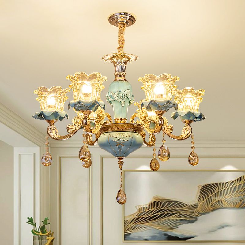 Handblown Glass Blue Chandelier Light Ruffle Flower Retro Pendant Light with Crystal Draping