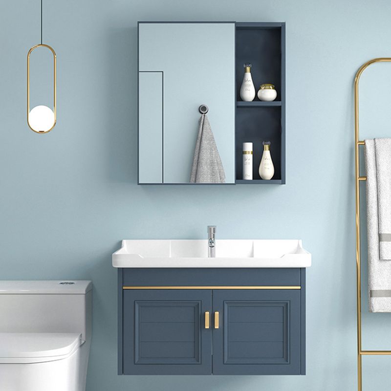 Blue Rectangle Vanity Set Metal Frame Wall-Mounted 2 Doors Mirror Single Sink Bath Vanity