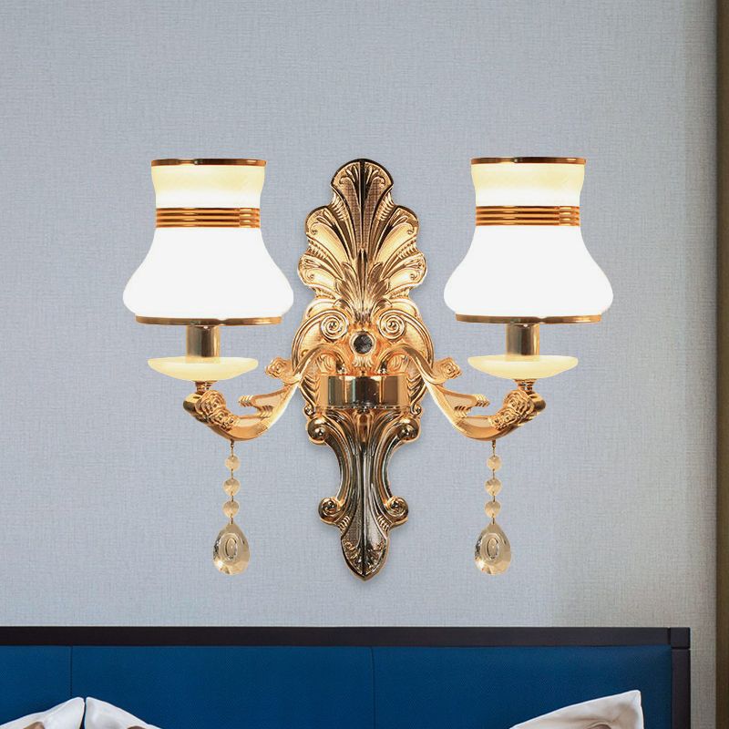 Gold 2 Lights Sconce Lamp Traditional Frosted Glass Beaker Shaped Wall Mounted Lighting Fixture