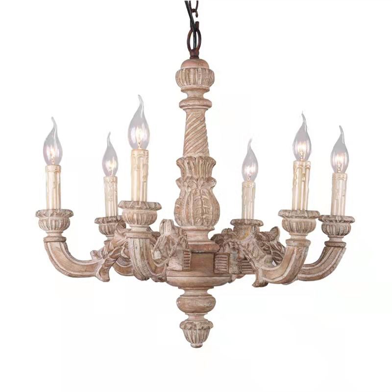 6-Light Faux Candle Chandelier Light Fixture Traditional Distressed White Wooden Suspension Lamp