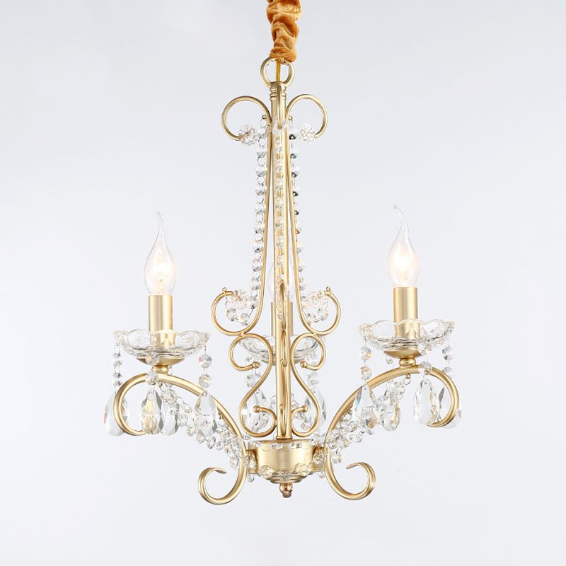 Candle Metal and Crystal Ceiling Light Traditional 3/6 Lights Living Room Chandelier Light with Gold Curve Arm