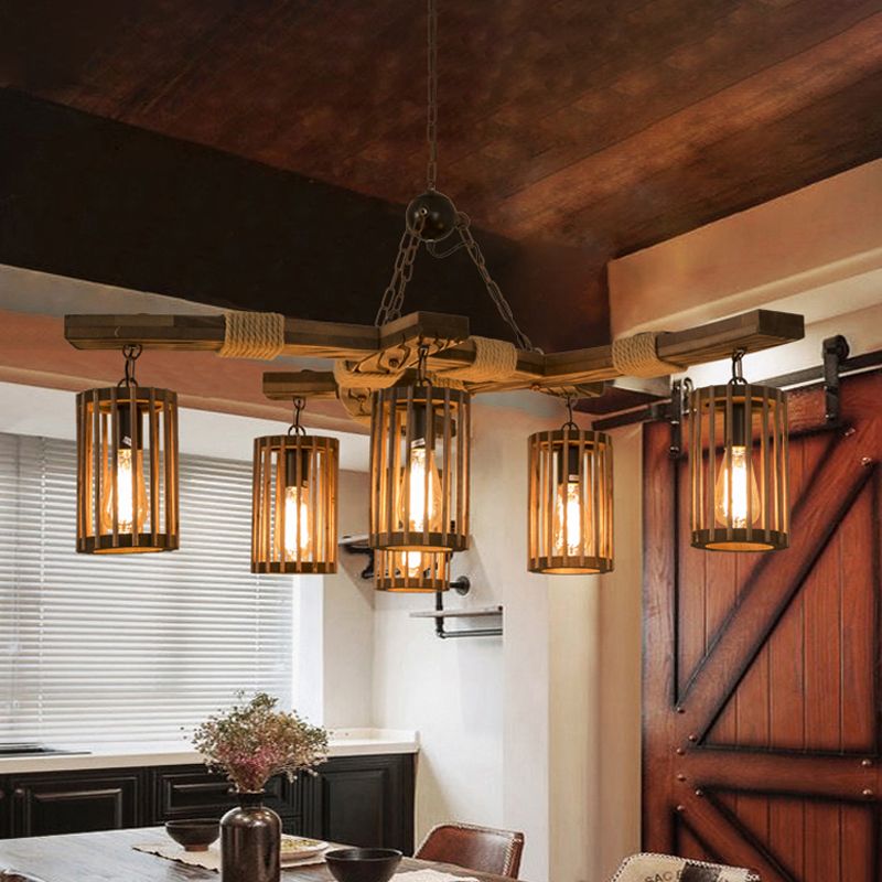 Wood Caged Hanging Chandelier Lodge 6-Bulb Dining Room Ceiling Pendant Light with Rope Detail in Black/Brown