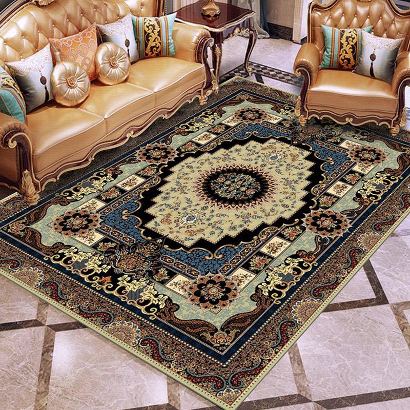 Moroccan Polyester Rug Retro Medallion Print Carpet Stain Resistant Area Carpet for Home Decor
