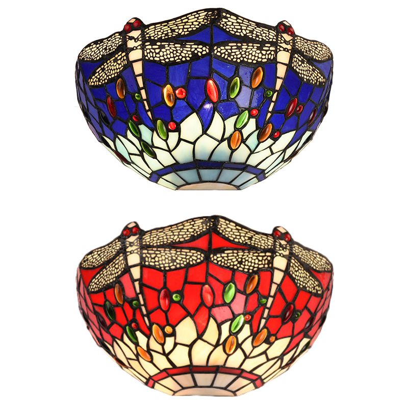 Half-Bowl Wall Light with Dragonfly and Jewel Tiffany Stained Glass Wall Sconce in Red/Blue for Cafe
