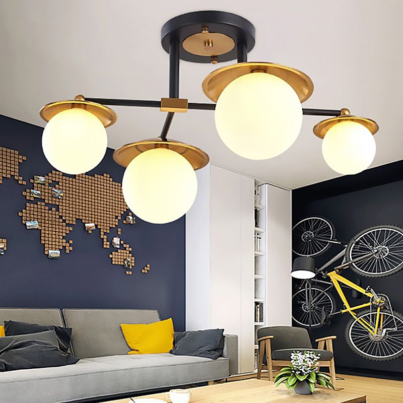 Sala de inicio Sala de estar Semi Flush Mount con Globe White Glass Shade 4/6/8 Luces Modern Gold Semi Flush Lámpara de techo
