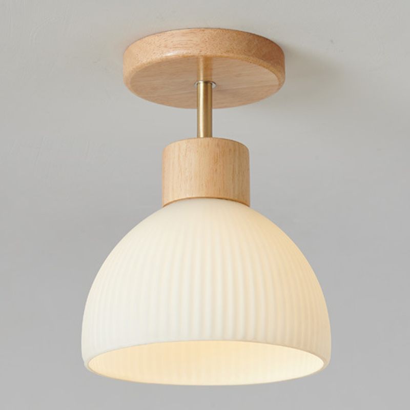 Domed Semi Flush Mount Nordic Style Wooden Beige Semi Mount Lighting