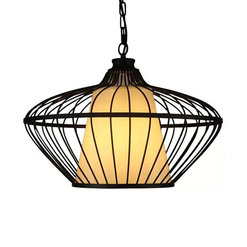1 Light Basket Ceiling Suspension Lamp Classic Black Metallic Pendant Lighting Fixture