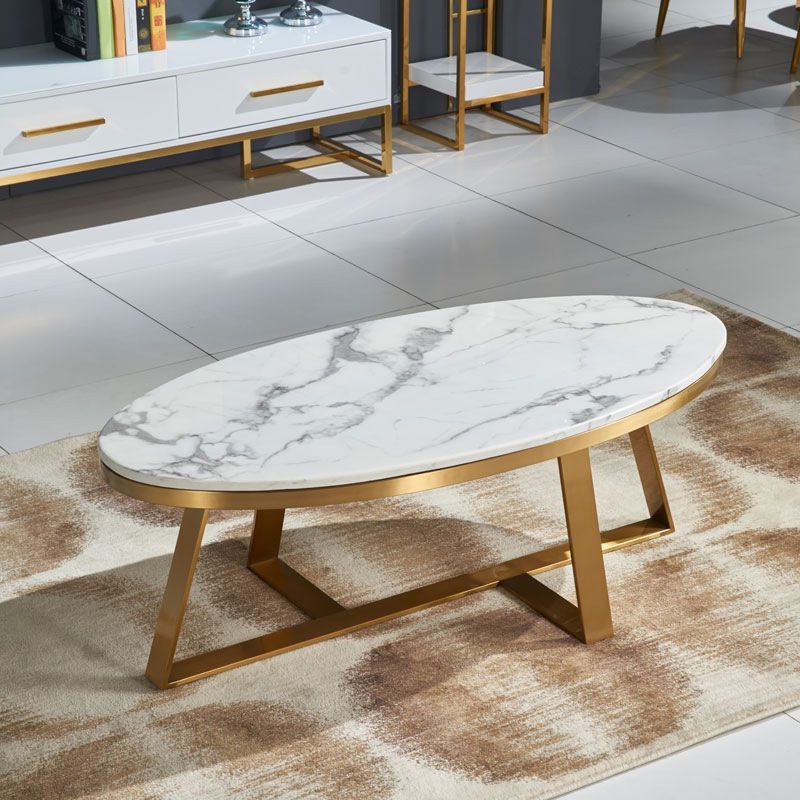 Glam Metal Cross Legs Coffee Table Faux Marble Oval Coffee Table