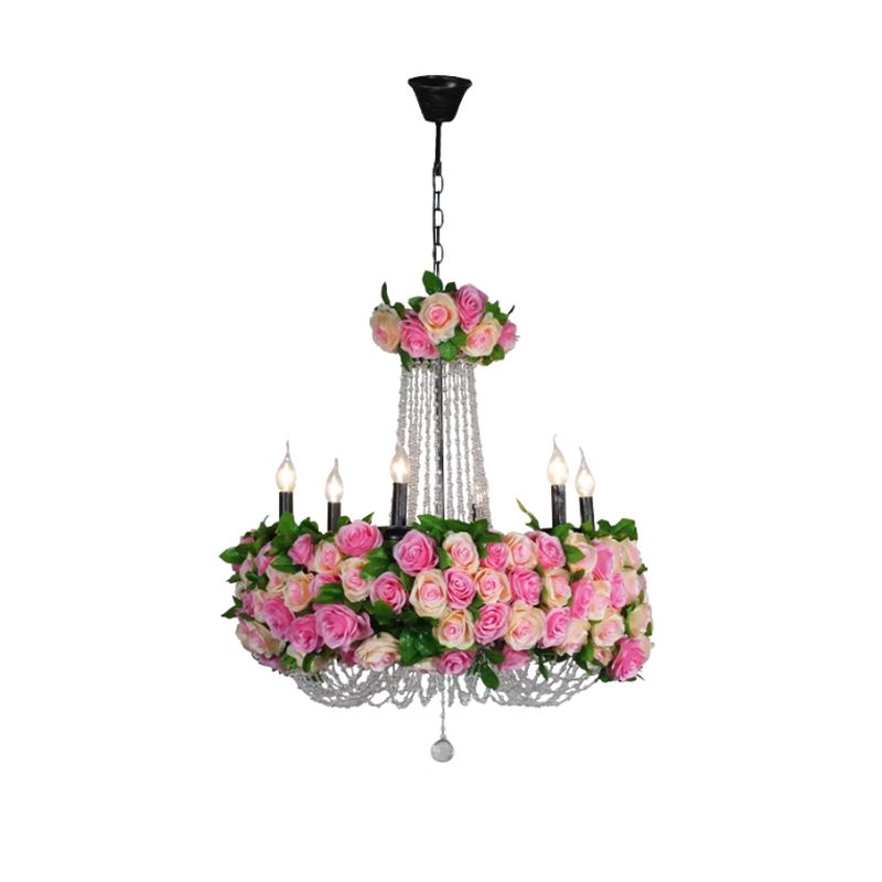 Farmhouse Candelabra Chandelier Iluminación de flores de hierro de 6 cabezas Luz de techo en rosa con acento de cristal