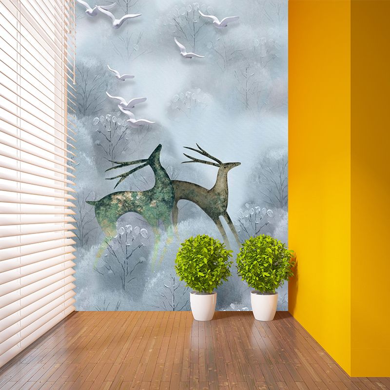 Large Scandinavian Wall Murals Grey and Blue Deers in Foggy Bushes Wall Decor, Customized Size