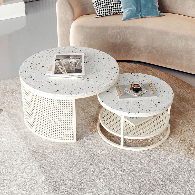 Contemporary Coffee Table White Round Slate Coffee Cocktail Table