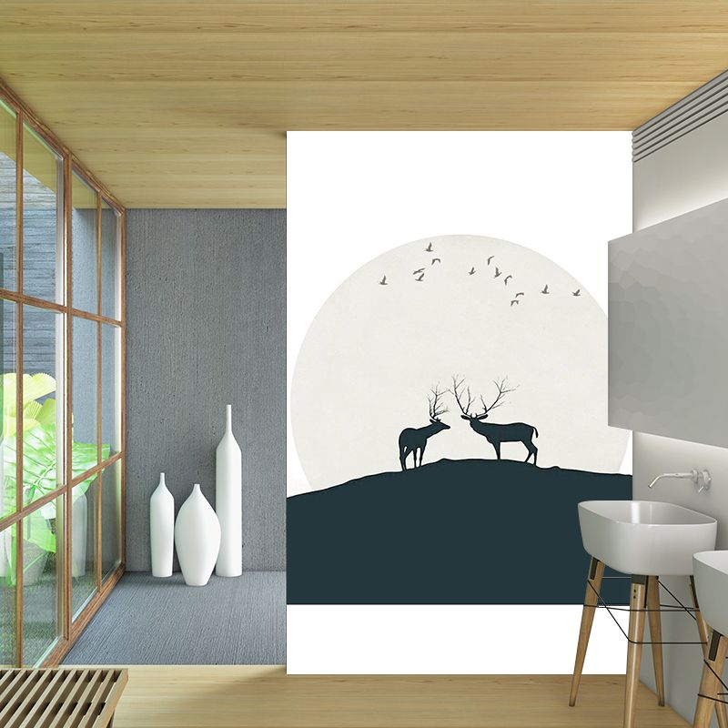 Deers Under Huge Moon Mural Decal Black and White Minimalistic Wall Art for Bedroom