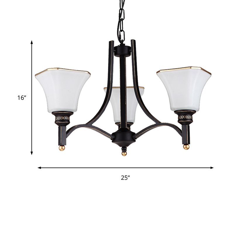 White Glass Bell Hanging Chandelier Traditional 3/6 Lights Living Room Pendant Light in Black