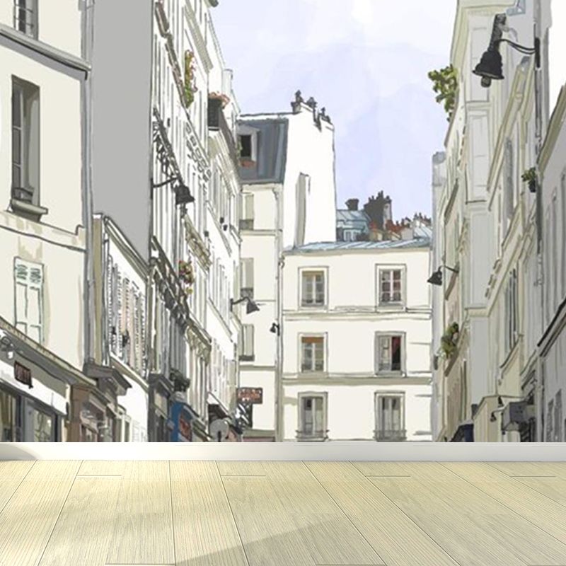 Modern City Street View Mural Non-Woven Waterproofing White Wall Decor for Bedroom