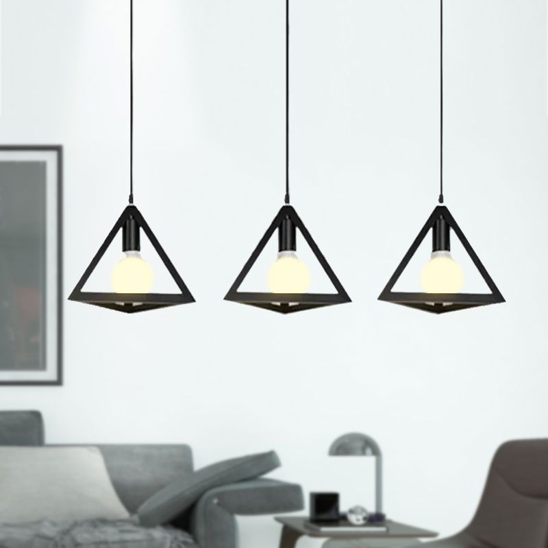 3 Heads Hanging Lamp Retro Industrial Triangle Metallic Pendant Lighting with Wire Guard and Linear/Round Canopy in Black/White