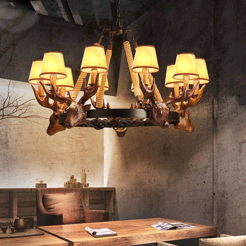 Resin Tapered Shade Chandelier Lamp Rural 10-Head Restaurant Pendant Ceiling Light in Black