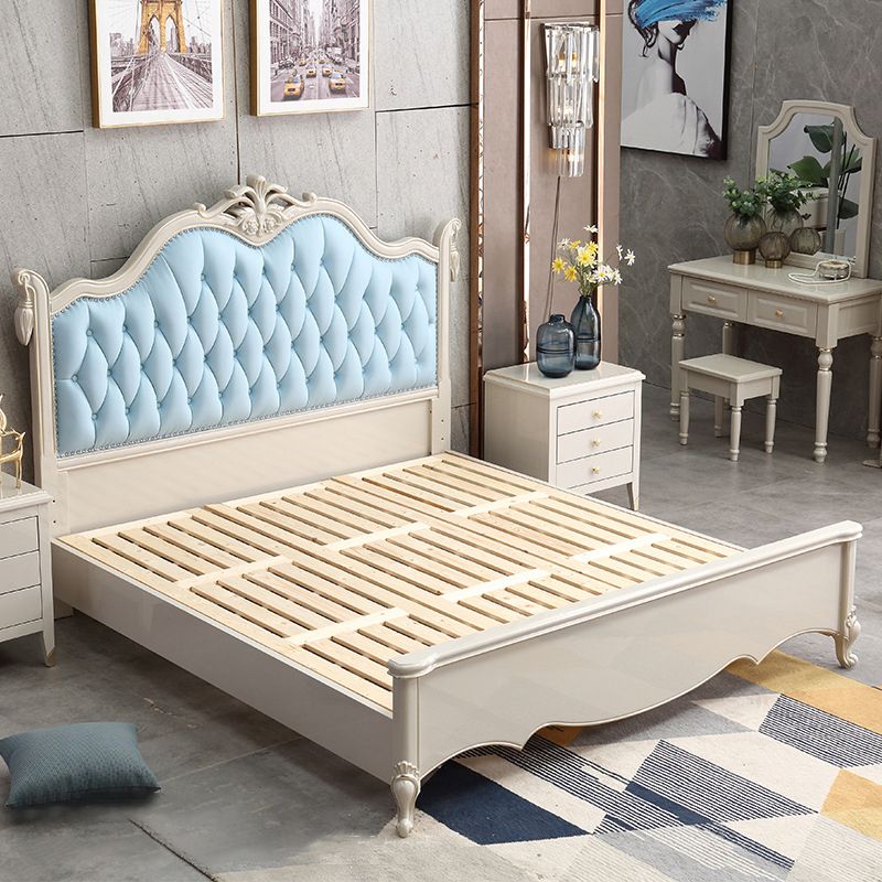 84.65 inch Wide Victorian Standard Bed Rubberwood Bed Frame with Upholstered Headboard