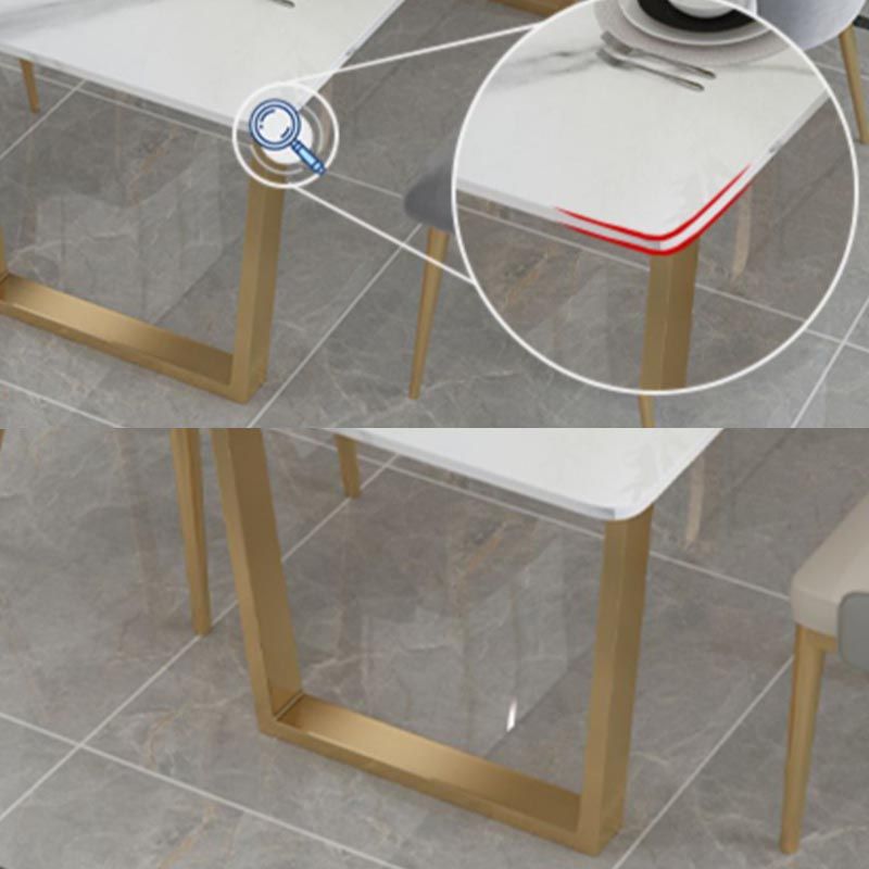 Mesa de cocina rectangular de lujo con superficie de piedra sinterizada y pedestal doble en dorado