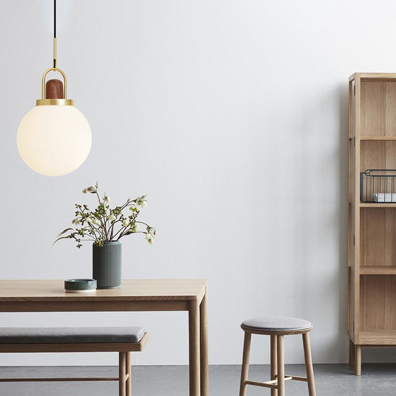 Opal Glass Ball Shade Pendulum Lamp Simple 1-Light Brass Pendant Light for Bedroom
