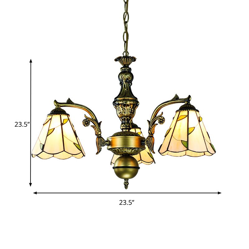 Vintage Rustic Cone Suspended Light with Leaf Pattern 3 Lights in Beige Glass Hanging Chandelier