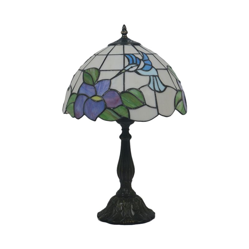 Bird et fleur léger 1 tête en vitrail Baroque Table Lampe en bronze avec ombre de bol