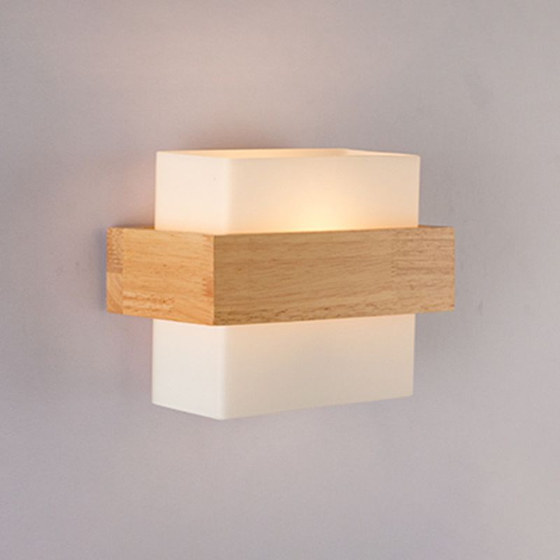 8.6" Wide Rectangular Modern Style Wall Lamp Simplicity Wooden Bedroom Sconces Light with White Glass Shade