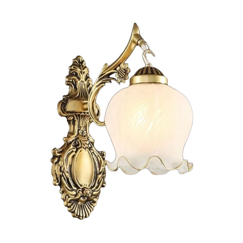 Dome Ivory Glass Wall Mounted Lamp Rustic 1-Light Dining Room Sconce Light with Ruffled Trim in White/Bronze