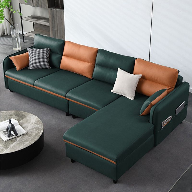 Faux Leather Sectional with 4 Pillows Back and Storage Arms for Living Room