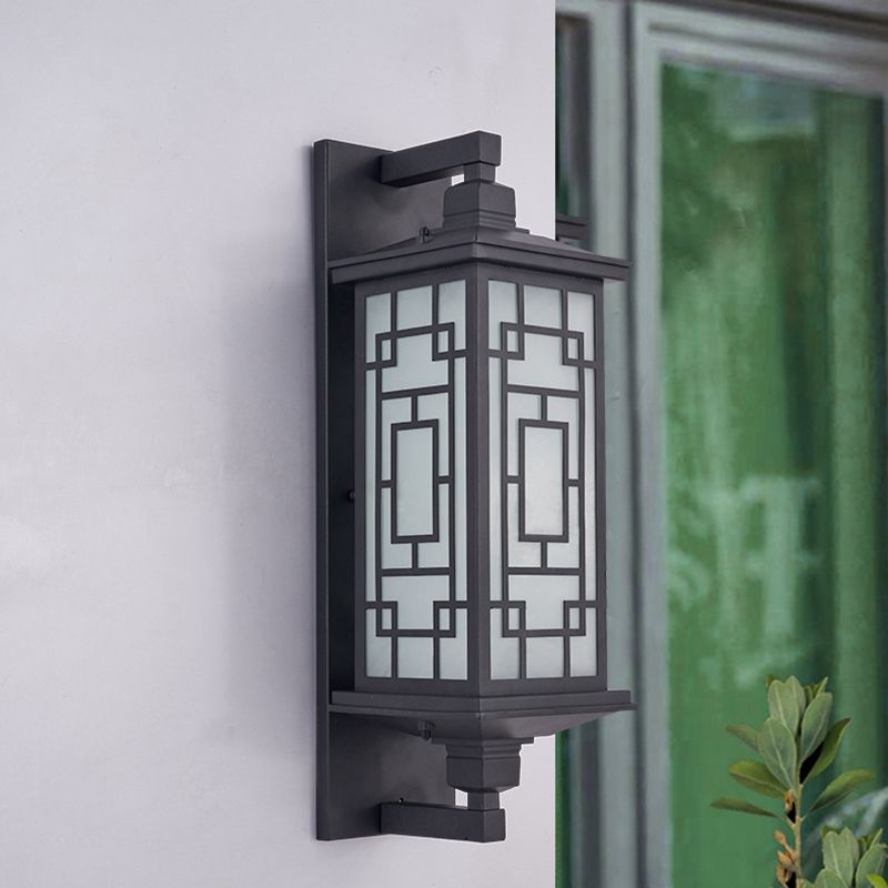 Black 1 Head Wall Sconce Lighting Country Opal Glass Cuboid Wall Lamp with Curved/Rectangle Pattern