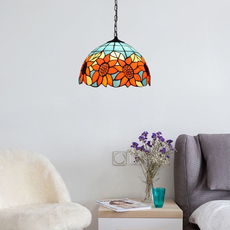 12 "/16" brede koepelhanglamp Tiffany-stijl 1 lamp zwart handgesneden glazen hanger plafondlicht met zonnebloempatroon, a/b/c/d