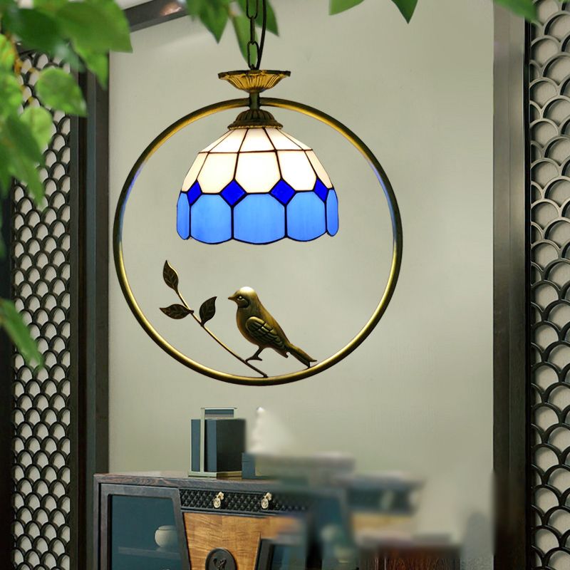 Single-Bulb Ceiling Light Vintage Scalloped Dome Stained Glass Hanging Pendant Light