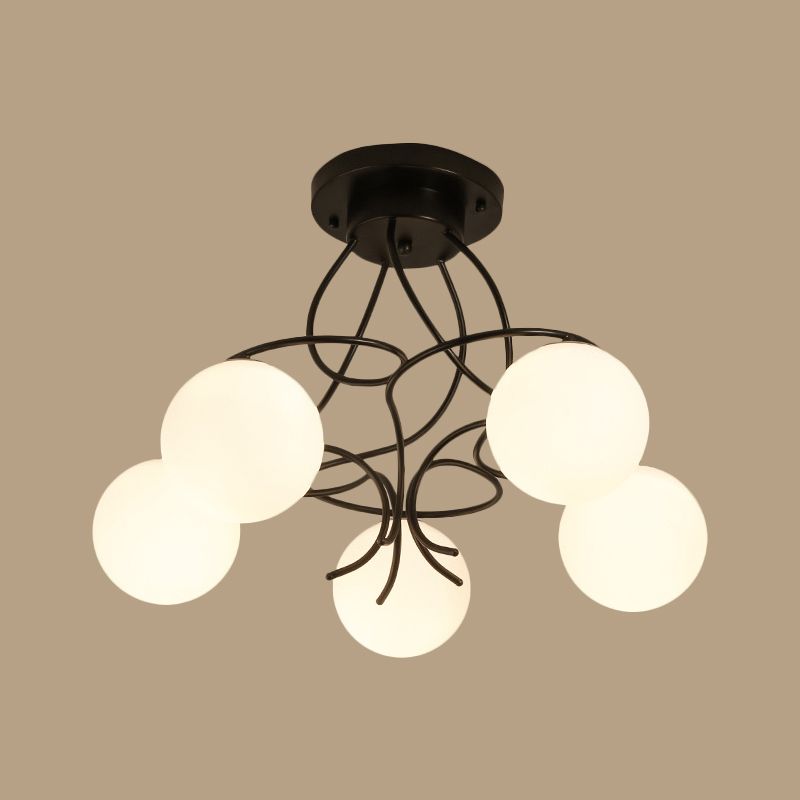 Iron Swirling Semi Flush Mount Modernism 5 Heads Black/White Finish Flush Ceiling Light with Globe Opal Glass Shade