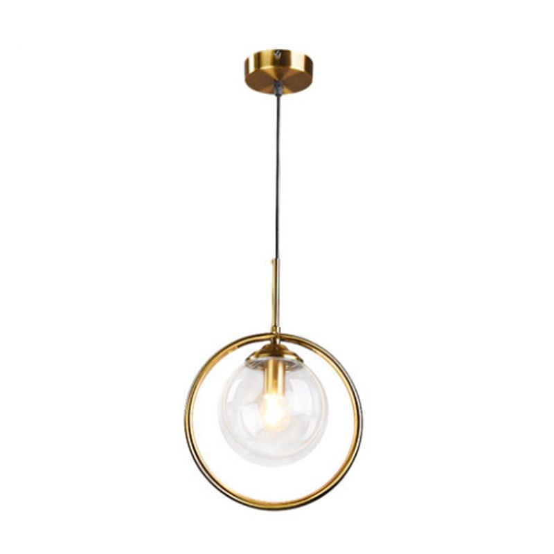 Brass Plated Ball Drop Pendant Minimalist Single Clear Glass Hanging Light with Ring Decoration