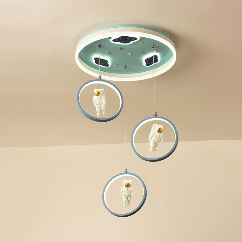 Blue Circular Hanging Lighting Cartoon LED Acrylic Suspension Pendant with Astronaut Deco