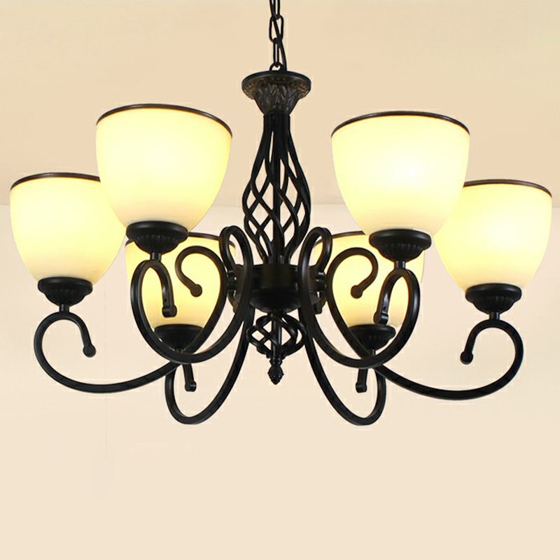 Swirled Arm Metallic Chandelier Pendant Light Vintage Living Room Hanging Light with Bell Frost Glass Shade