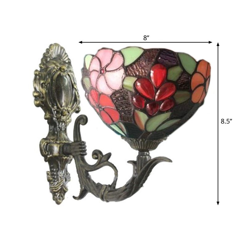 Tiffany Floral Bowl Wall Lamp Sconce Hand Cut Glass Wall Mount Lighting in Brass