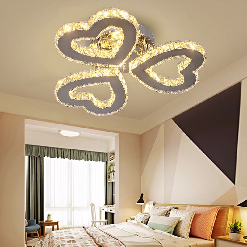 Stainless Steel Heart Shaped Semi Flush Minimalist Crystal LED Ceiling Light for Bedroom